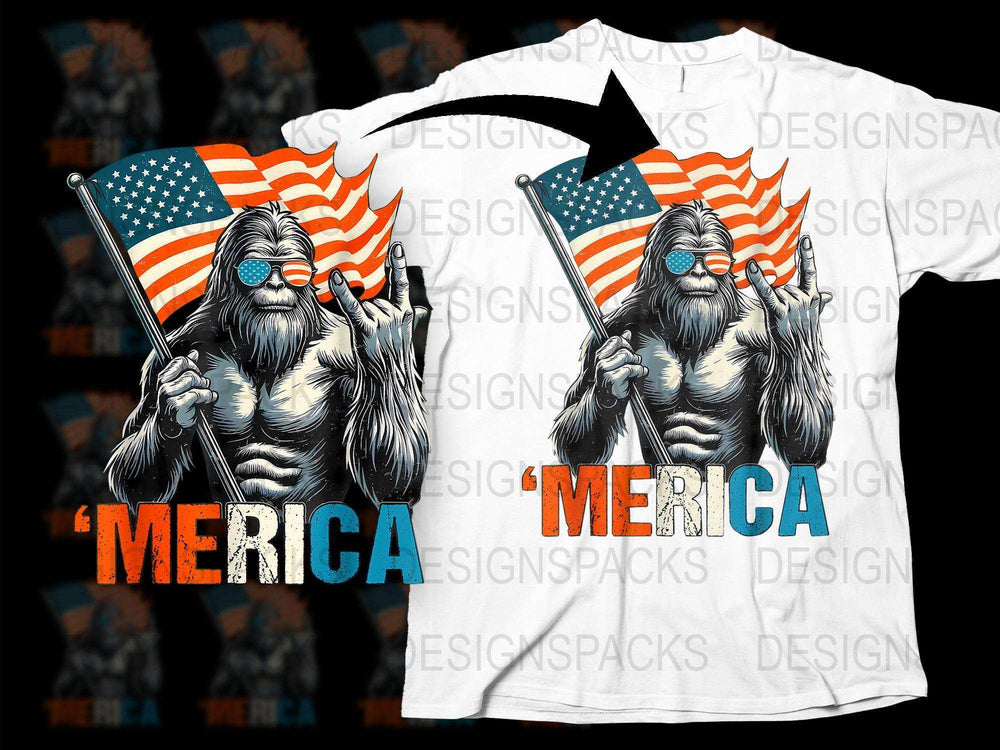 Bigfoot holding American flag with 'MERICA text, patriotic t-shirt design for DTF DTG printing