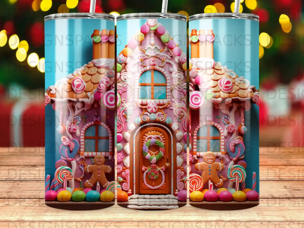 Festive gingerbread house tumbler wrap with candy decorations, perfect for holiday designs and print-on-demand