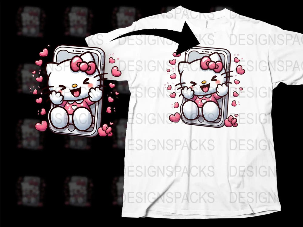Cute Hello Kitty in phone design for t-shirt, pink hearts, DTF/DTG print-ready graphic