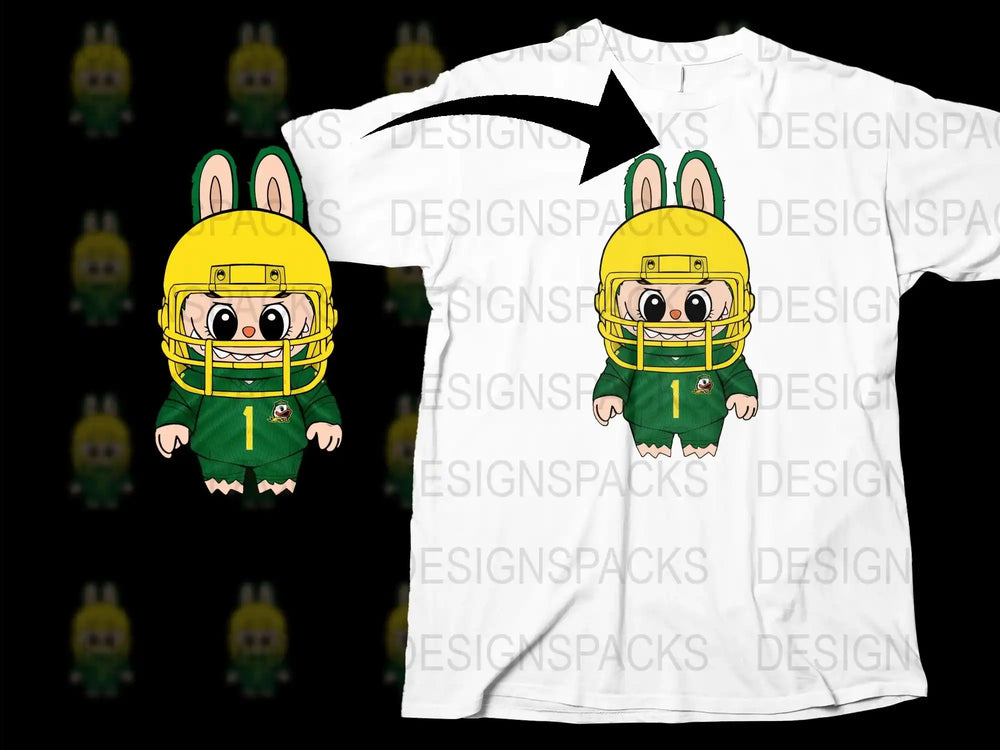 Cute bunny in green football uniform with yellow helmet, printed on white t-shirt, DTF/DTG ready design