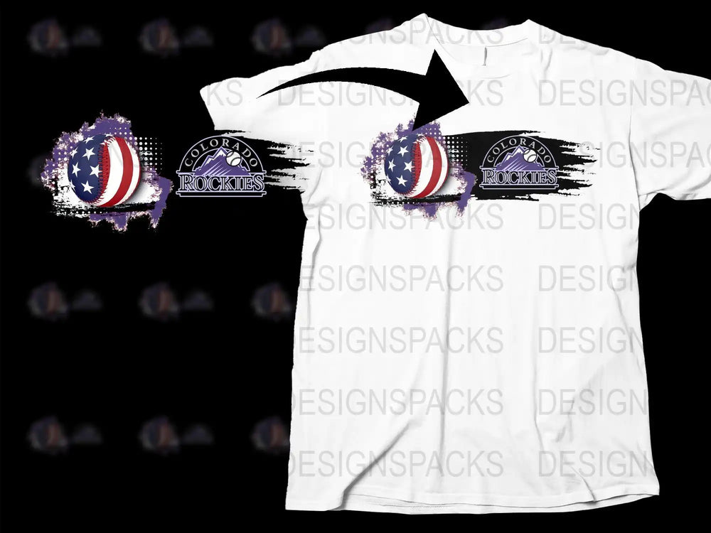 Colorado Rockies baseball design with American flag ball, print-ready for DTG or DTF on white t-shirt