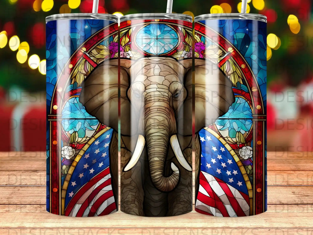 Stained glass elephant with American flag, tumbler wrap design for sublimation or DTF printing