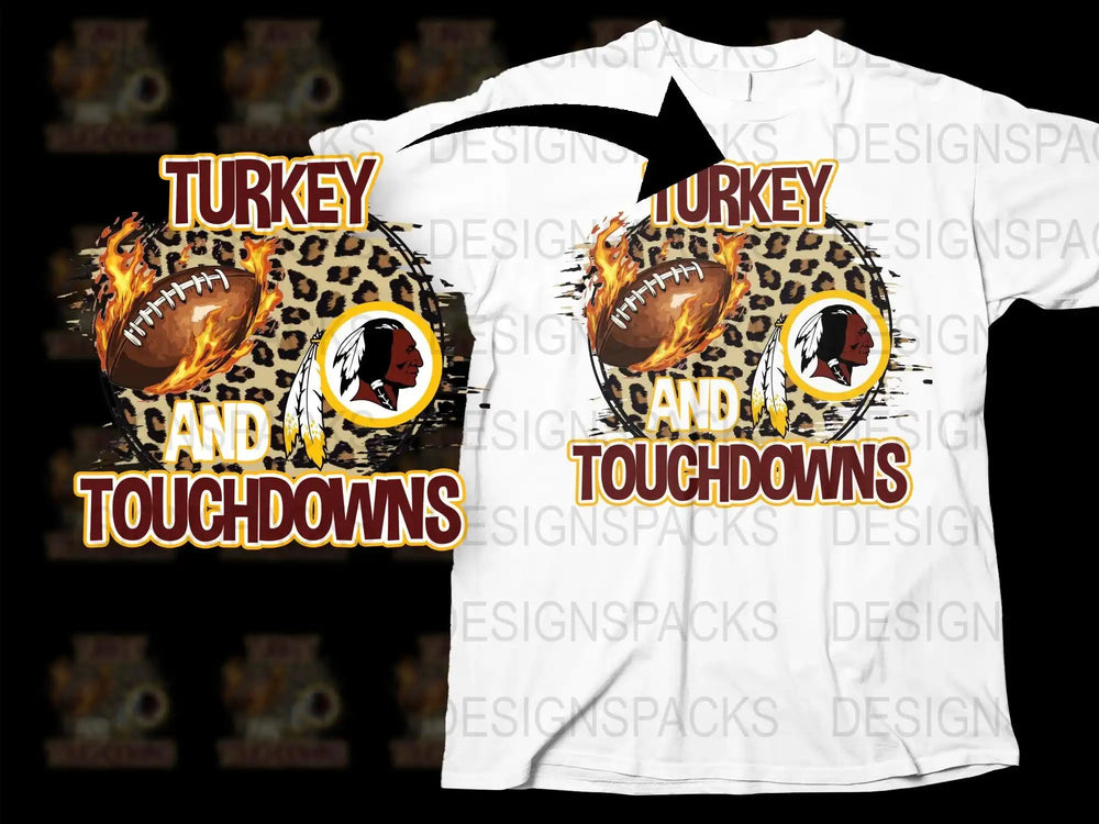 Turkey and Touchdowns football design with flaming ball, leopard print, and feather, print-ready for t-shirts.