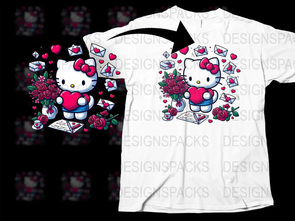 Hello Kitty holding heart with roses & love letters, print-ready Valentine's design for t-shirts
