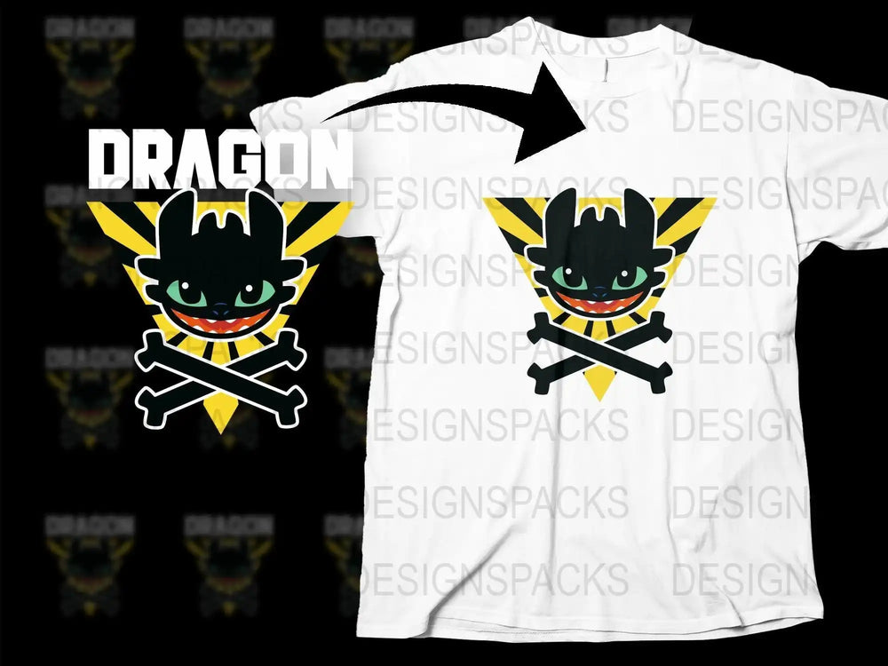 Dragon t-shirt design with Toothless, crossbones, and yellow stripes for DTF/DTG printing