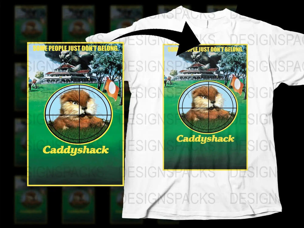 Caddyshack golf t-shirt design with gopher in crosshairs, print-ready for DTG/DTF