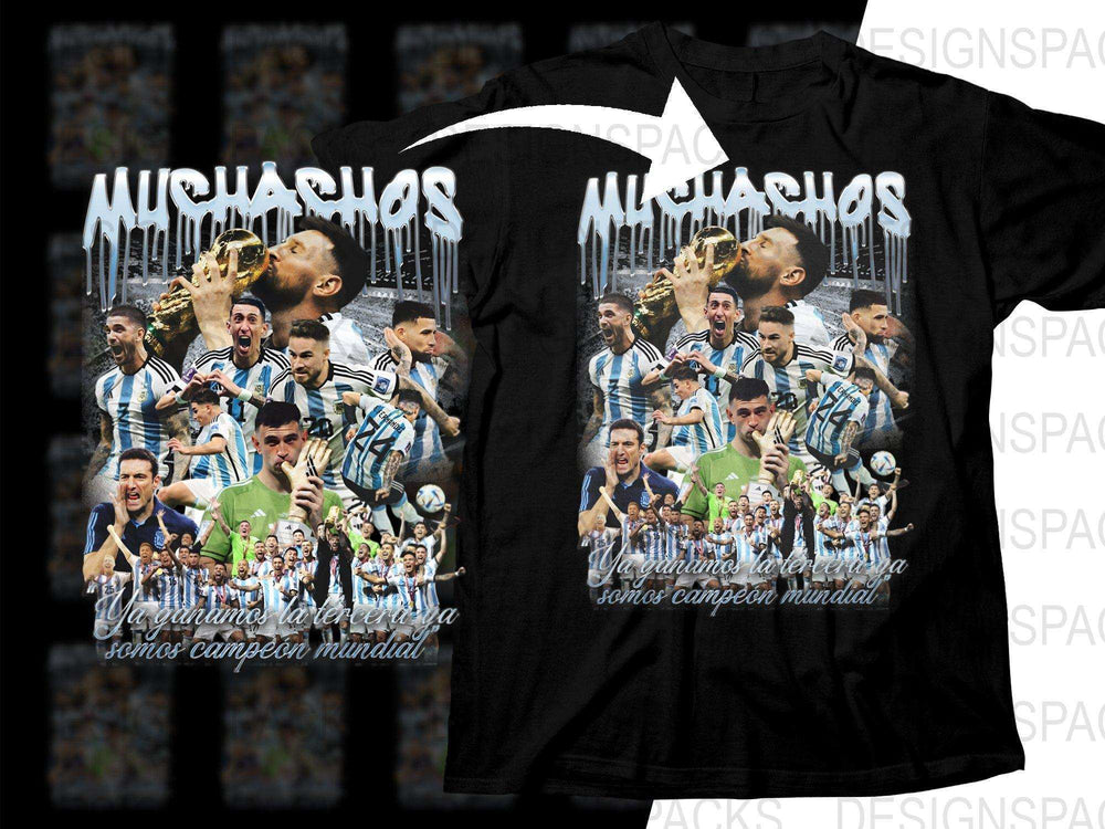 Argentina soccer team celebrating World Cup win on black t-shirt, 'Muchachos' design with Messi & players, Spanish text