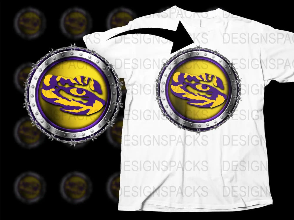 LSU tiger eye design in purple and gold, print-ready for DTG/DTF t-shirts, instant download SVG/PNG