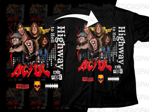 AC/DC Highway to Hell rock band t-shirt design with caricatures, epic rock text, and skull graphic for DTF/DTG printing