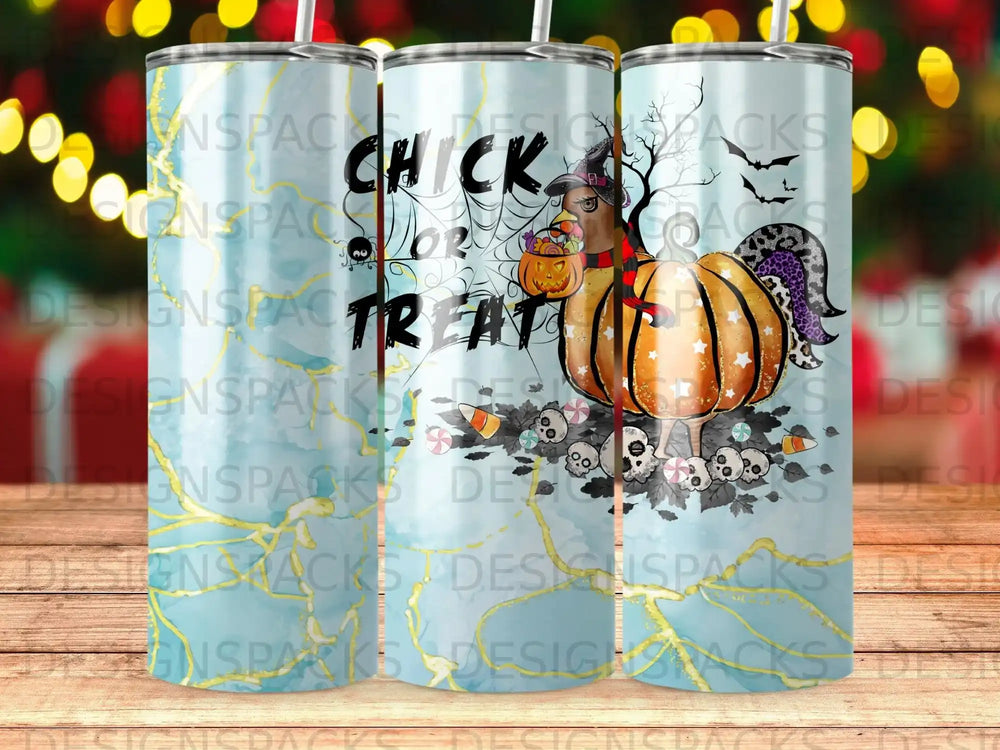 Halloween tumbler wrap design with chick or treat text, pumpkin, witch hat, bats, and skulls on marble background