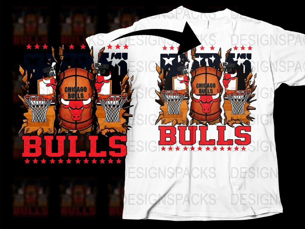 Chicago Bulls basketball t-shirt design with bull head, hoops, and stars, print-ready for DTG or DTF