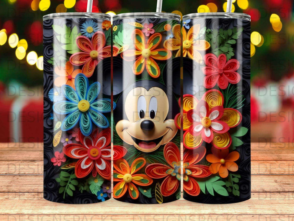 Mickey Mouse tumbler wrap with colorful quilled flowers, print-ready SVG/PNG for sublimation