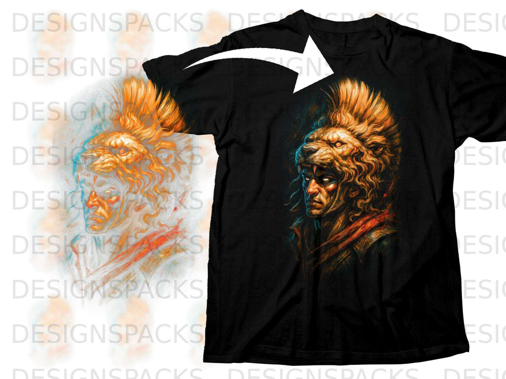 Black t-shirt featuring a warrior with a lion's headpiece, depicted in a painted style.