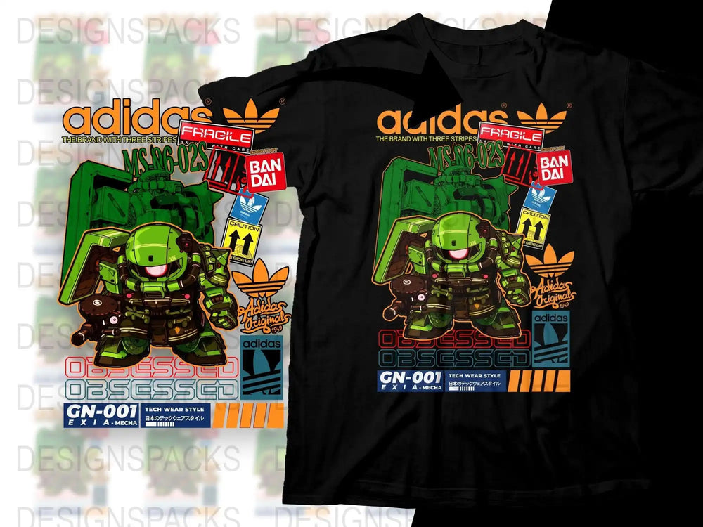 Green Gundam robot t-shirt design with Adidas and Bandai logos, tech wear style, print-ready for DTG/DTF