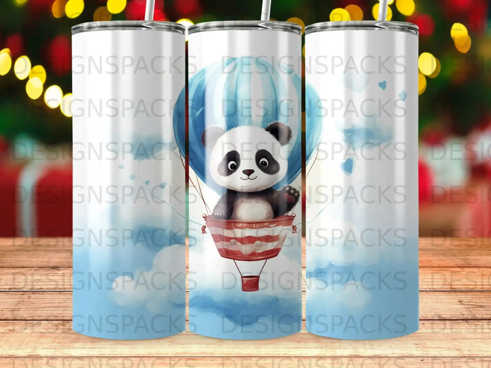 Cute panda in hot air balloon tumbler wrap design, print-ready for DTF DTG, watercolor style with clouds