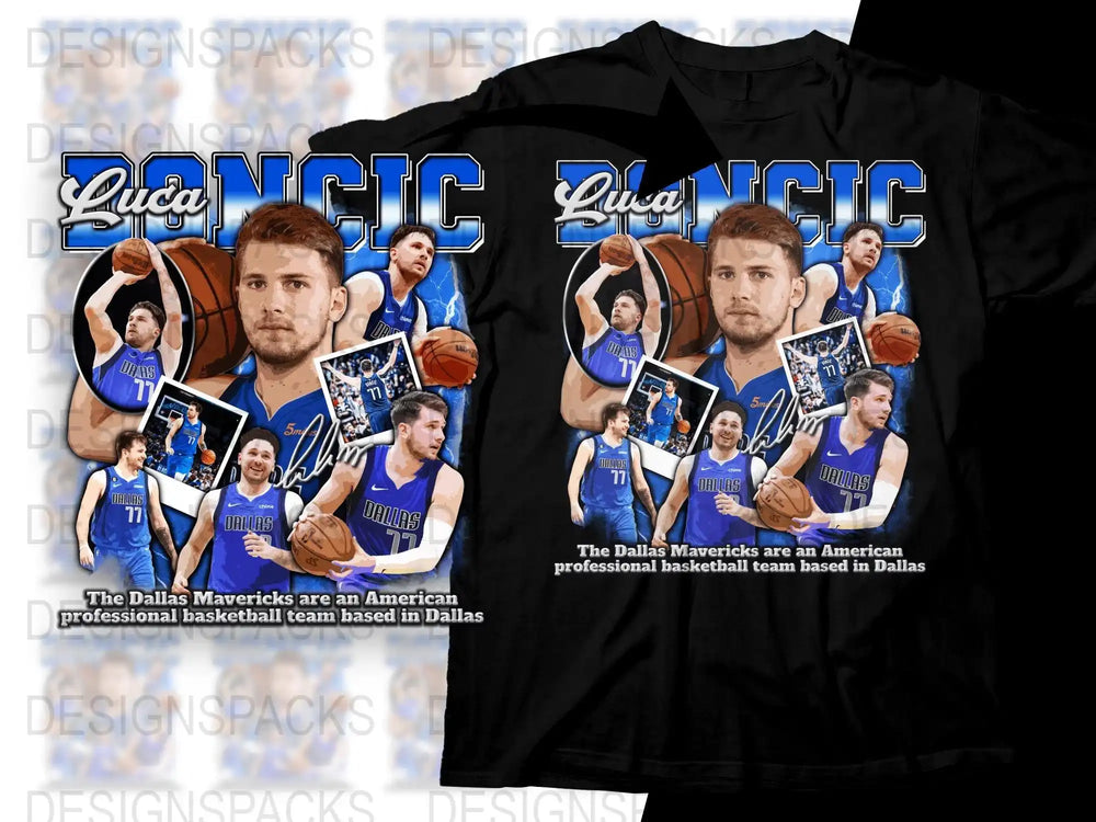 Luca Doncic Dallas Mavericks basketball t-shirt design with action shots, team text, and signature graphics for DTF/DTG printing