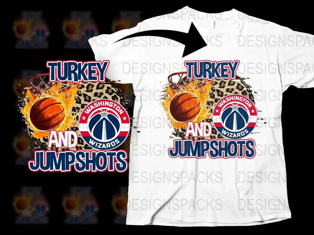 Turkey and Jumpshots Washington Wizards basketball design on white t-shirt, print-ready DTF/DTG graphic