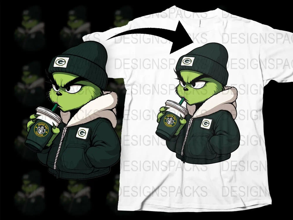 Grinch in Green Bay Packers beanie and jacket sipping coffee, printed on white t-shirt design