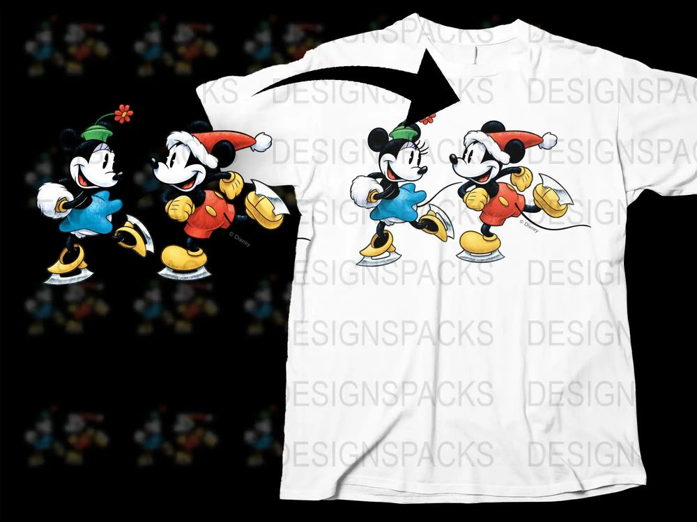 Mickey and Minnie Mouse ice skating design for t-shirts, print-ready DTF/DTG bundle