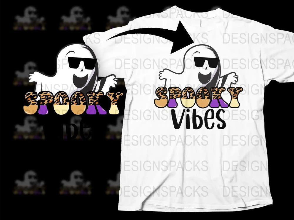 Spooky Vibes ghost design with leopard print text, perfect for Halloween DTG or DTF printing on t-shirts.