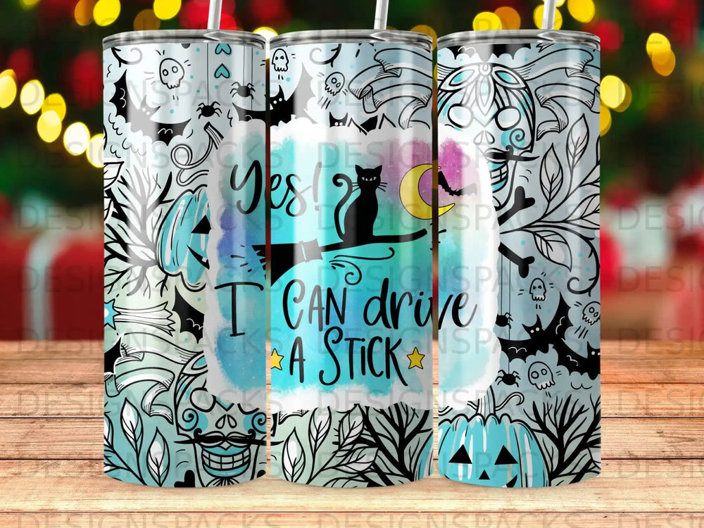Halloween tumbler wrap with spooky cats, skulls, and 'Yes I can drive a stick' text design