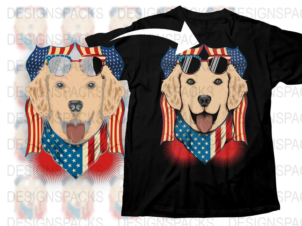 Patriotic golden retriever with American flag bandana and sunglasses on black t-shirt design