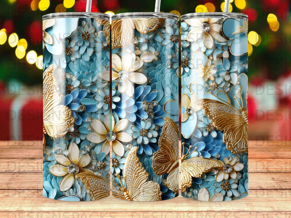 Blue floral tumbler wrap with gold butterflies and rhinestones for sublimation printing