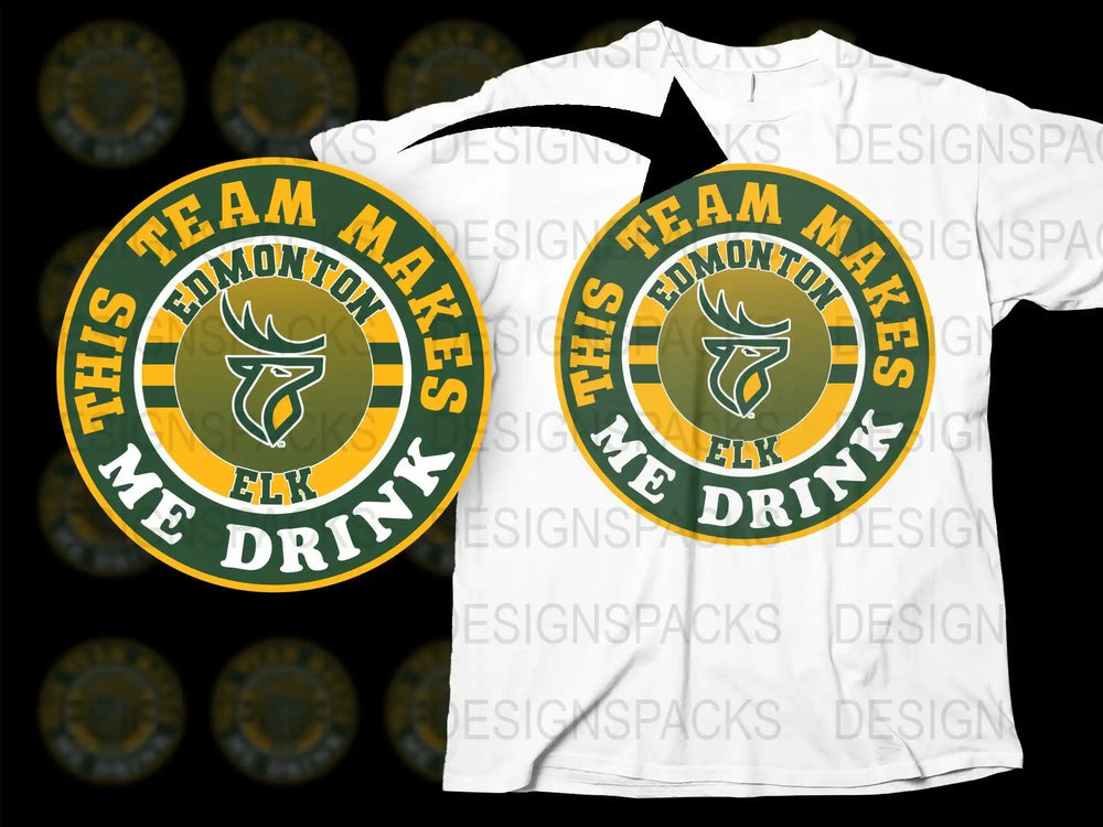 Edmonton Elk team design on white t-shirt, green and yellow circular graphic with elk logo