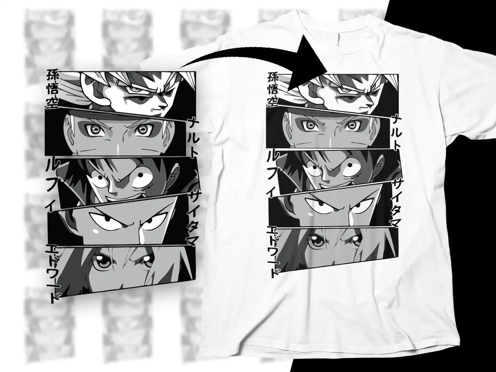 Anime character faces on white t-shirt, manga-style design with Japanese text