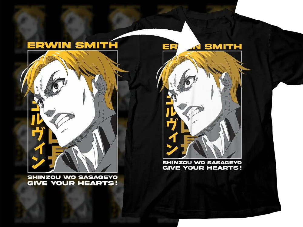 Erwin Smith anime t-shirt design with bold yellow text, Japanese characters, and 'Give Your Hearts!' slogan, print-ready for DTF/DTG.