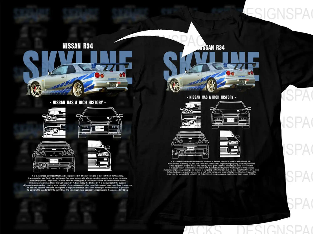 Nissan R34 Skyline t-shirt design with car illustrations and history text