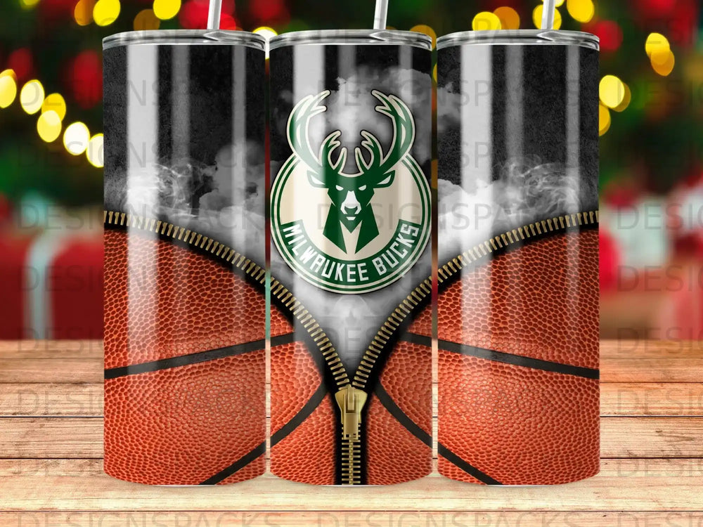 Milwaukee Bucks basketball tumbler with zipper detail and team logo.