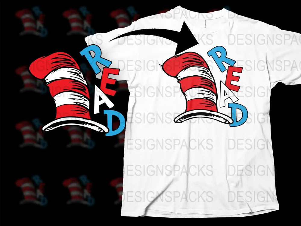Cat in the Hat read design for t-shirt, DTF/DTG printable, SVG/PNG ready