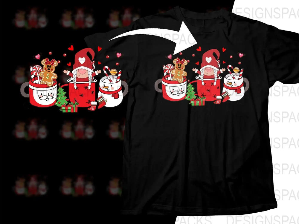 Christmas-themed t-shirt design with gingerbread, gnome, and snowman in mugs, festive holiday art
