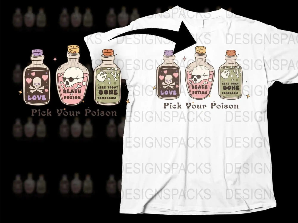 Pick Your Poison T-Shirt, Whimsical Potion Bottle Design, Unique Graphic Tee, Unisex Halloween Gift Idea.