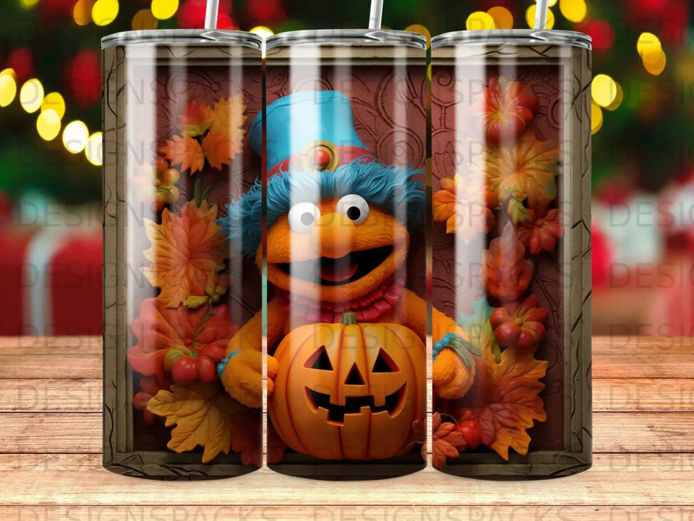 Fuzzy orange character in blue hat holding a pumpkin among autumn leaves.