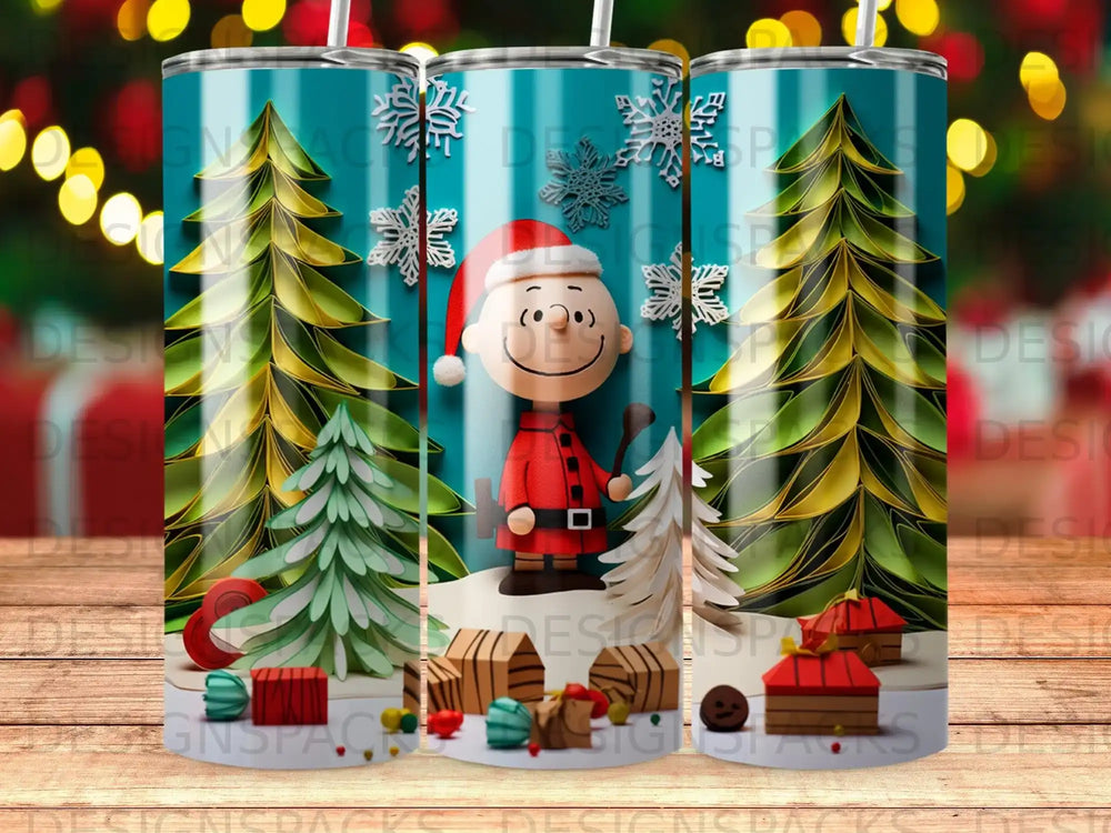 Charlie Brown in a Santa hat standing with Christmas trees and presents.