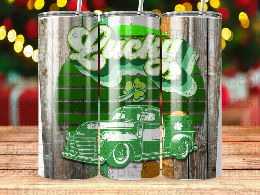 Green truck with "Lucky" text and shamrock on wooden background.