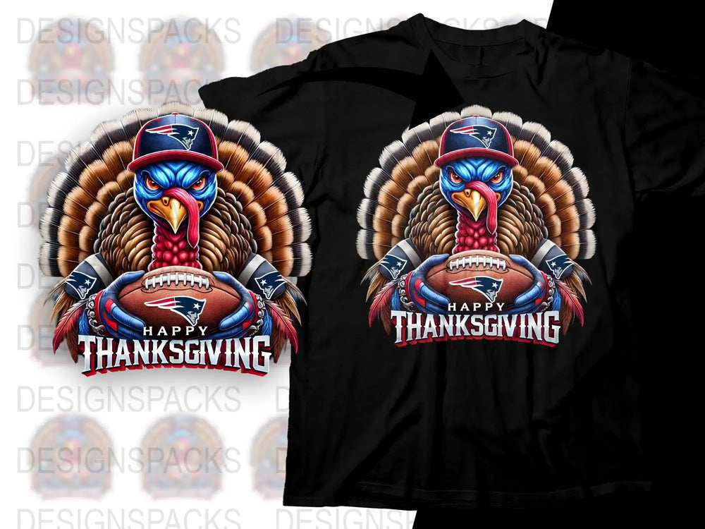 Happy Thanksgiving turkey holding football in New England Patriots gear on black t-shirt