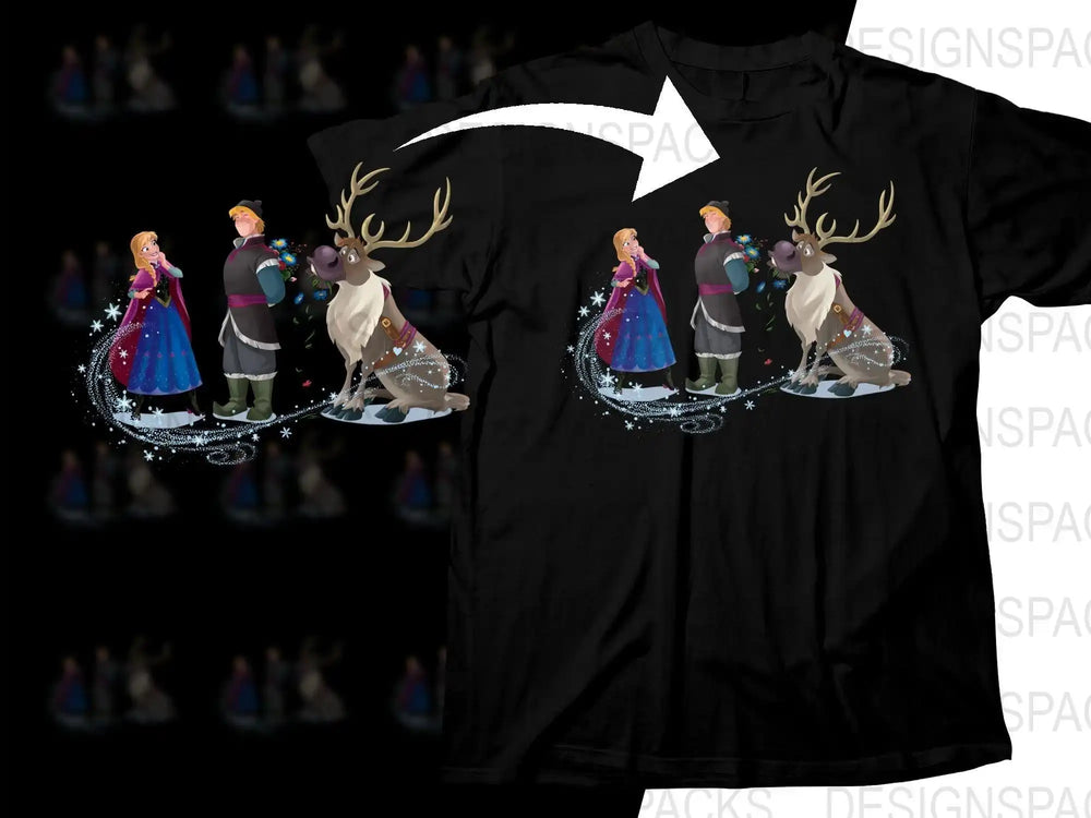 Frozen-themed t-shirt design with Anna, Kristoff, and Sven, perfect for DTF/DTG printing