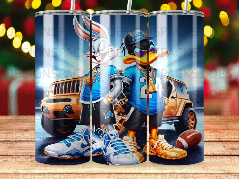 Bugs Bunny and Daffy Duck wearing sports jerseys and jewelry, standing by a car.
