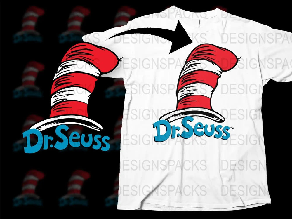 Dr. Seuss red and white striped hat design on white t-shirt, print-ready SVG/PNG for DTG/DTF