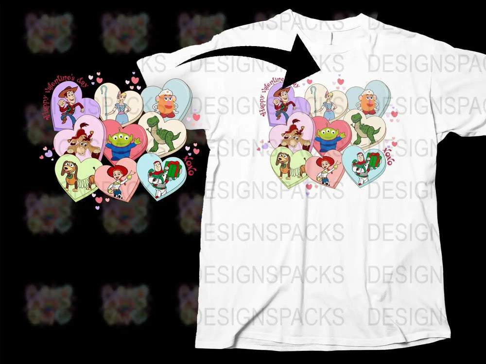 Toy Story Valentine’s Day heart design for t-shirts, print-ready PNG, DTF/DTG bundle
