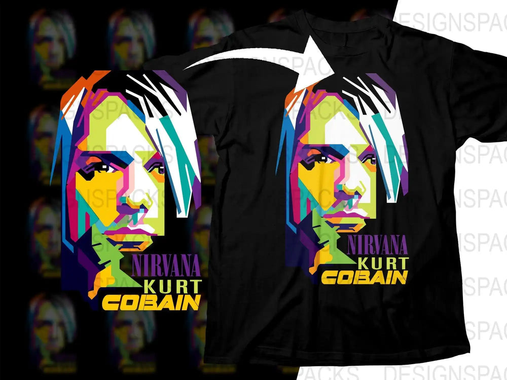 Vibrant Kurt Cobain graphic t-shirt design with colorful geometric art for DTF/DTG printing