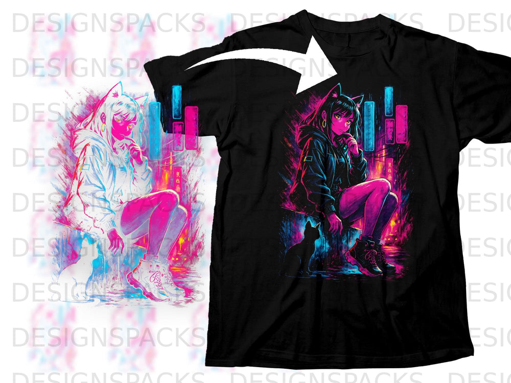 Black t-shirt with neon anime girl and cat artwork.