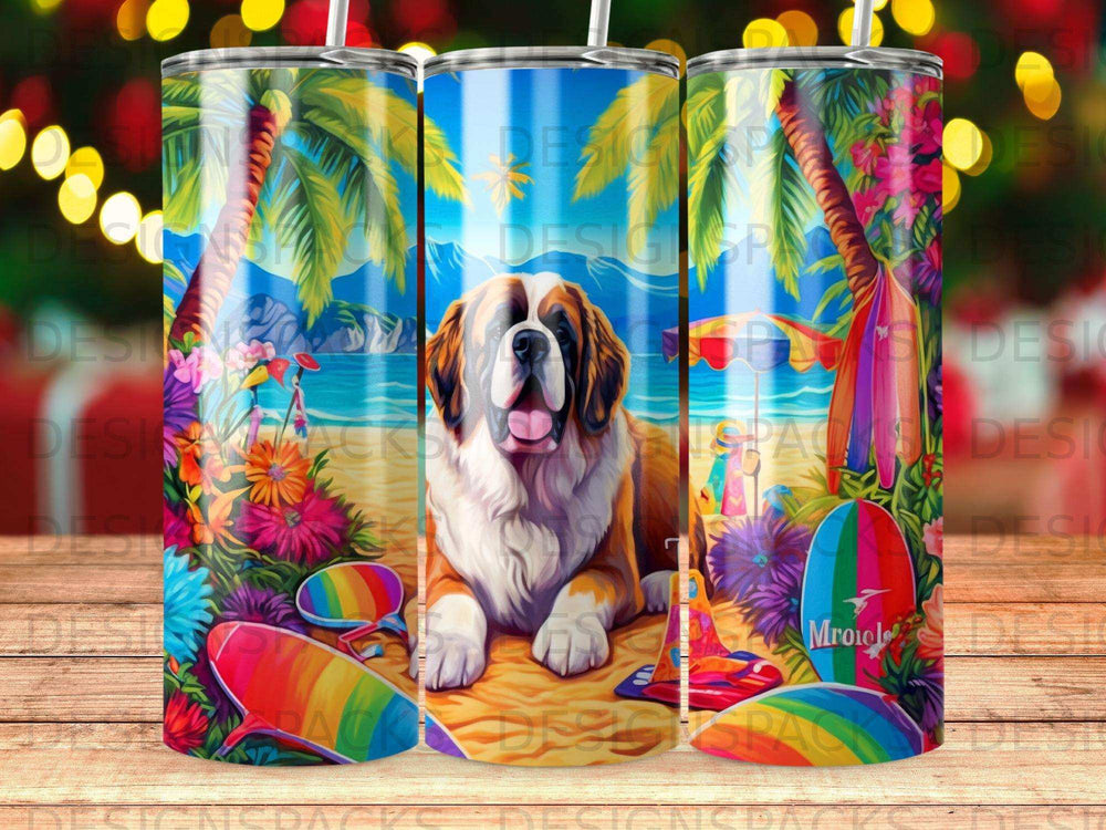 Saint Bernard dog on a beach with palm trees, beach umbrella, and surfboards.