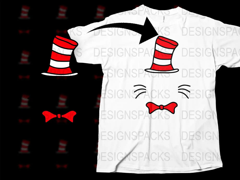 Cat in the Hat t-shirt design with red and white striped hat, bow tie, and whiskers for DTG/DTF printing