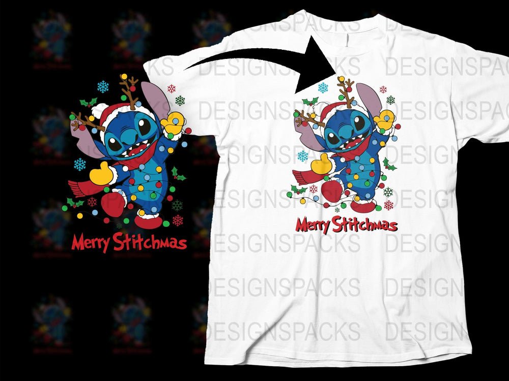 Stitch Christmas T-Shirt, Merry Stitchmas Holiday Tee, Cute Cartoon Character, Festive Winter Apparel