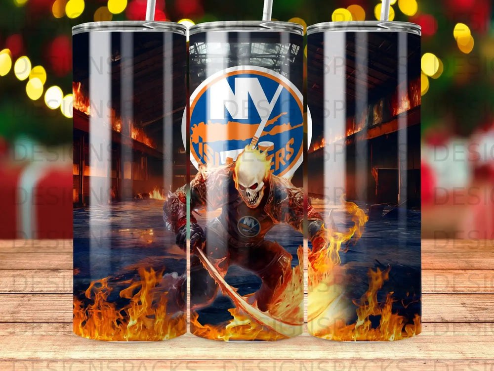 New York Islanders goalie skull with scythe amidst flames.