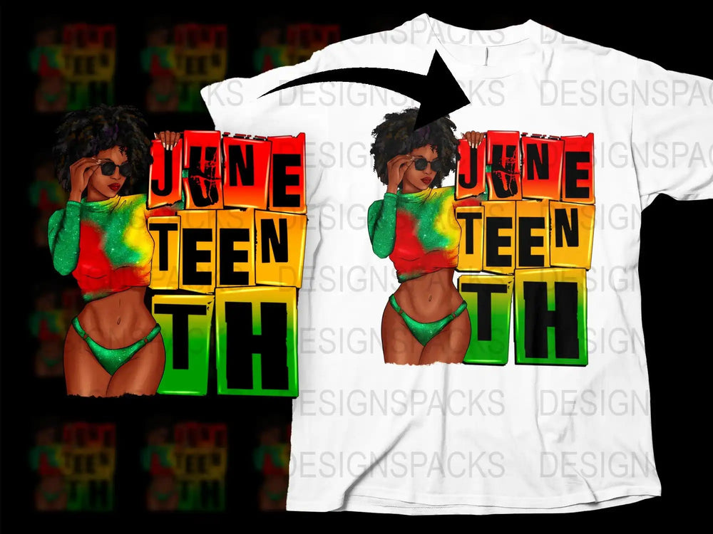 Juneteenth t-shirt design with woman in colorful outfit and bold text
